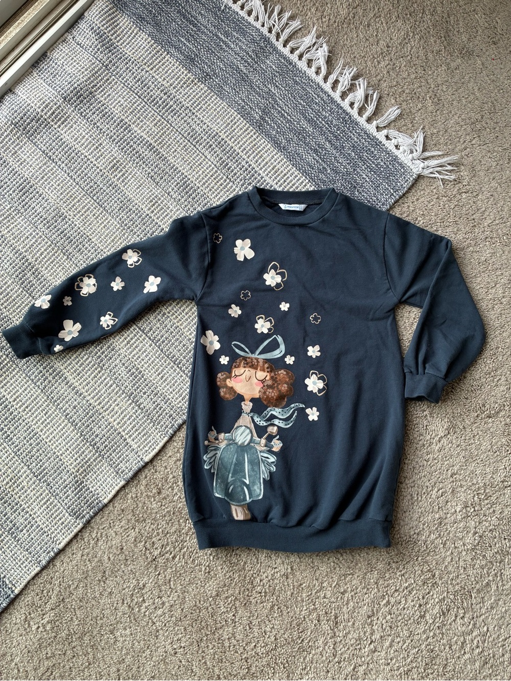 Mayoral Navy Sweatshirt Dress with Floral Girl Print